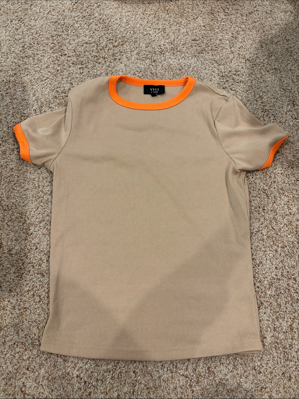 VICI Beige Ribbed Tee with Bright Orange Trim